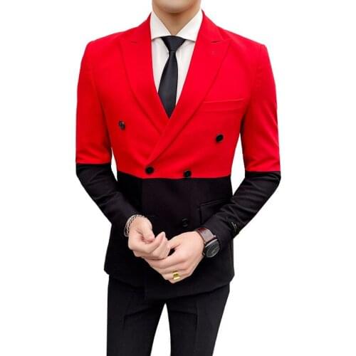 Stitching Double Breasted Suit Set Hit Color British Style Banquet Trend Fashion 2 Pieces Blazer Pants Wedding Trousers