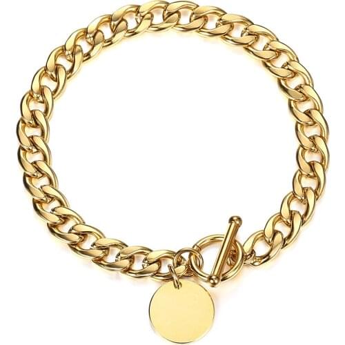 Lock Round Engraving Charm Bracelet for Men Women 8mm Gold Color Stainless Steel Bracelets Cuban Curb Link Chain LDB299