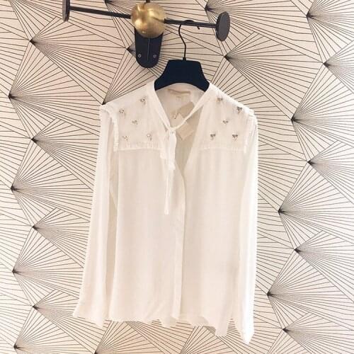 Patads French womens dress sweet lady tie V-Neck long sleeve shirt spring and summer casual solid top e19cil