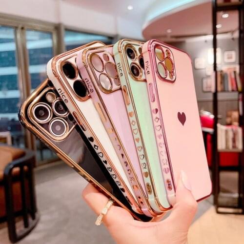 Luxury Phone Case For iPhone 12 Mini 11 Pro X XR XS Max 7 8 Plus SE 2 Electroplated Love Heart Cute Side Pattern Soft TPU Case