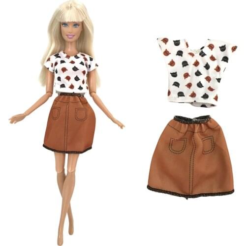 1 Set Doll Cute Pattern Shirt + Brown Short Dress Outfit Fashion Skirt Lovely Clothes for Barbie Doll Dollhouse Accessories