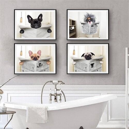 Self-adhesive Wall Sticker Funny Dog Reading Newspaper Wall Art Posters Wall Pictures Dogs Lover Gift For Bathroom Toilet Decor