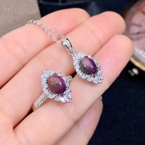 The Best engagement Gift Black Opal jewelry set Natural Real Black Opal 925 sterling silver 1pc pendant,1pc Ring