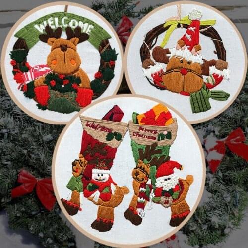 Merry Christmas DIY 3d Embroidery Kits Elk Xmas Tree Beginner Fabric Embroidery Round Cross Stitch Kit Sewing Craft Home Decor