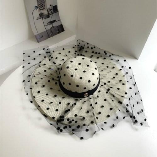New Summer French Big Large Wide Brim Straw Hat Elegant Dot Mesh Lady Sun Hat Outdoor Women Leisure Cap Fashion Vacation Gorass