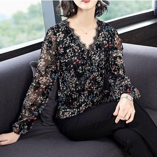 2019 Spring and Summer New Fashion V-neck Lace Drawstring Slim Womens Flocking Print Long Sleeve Head Shirts