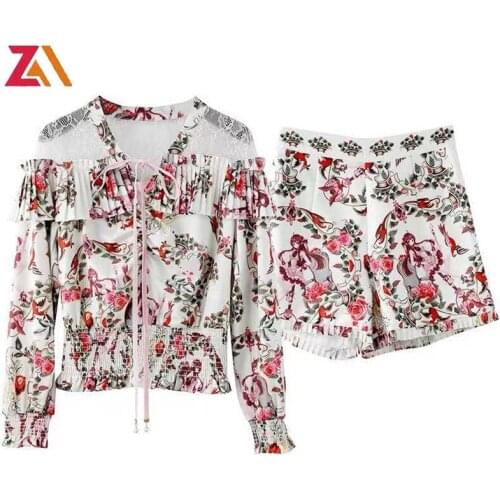 ZALady designer vintage floral two piece set suit women clothes casual traf summer lace ruffles long sleeve top shirt and shorts