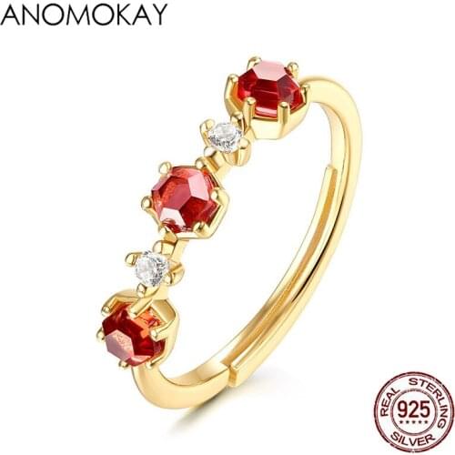 Anomokay Trendy Ethnic Style Red Blue Purple CZ Gold Color Rings for Women Fasahion Gift 100% Sterling 925 Silver Free Size Ring
