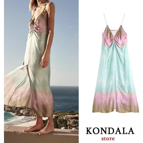 KONDALA Women Dress Tie Dye Sexy Shirring Trim Za Cami Dress Midi Slik Vintage Sleeveless Holiday Mujer Vestidos