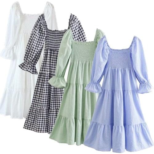 Fashion Womens Sky Blue Plaid Print Summer Dress Za Vintage Puff Short Sleeve Back Bow Ladies Midi Dress High Quality 4 Colors