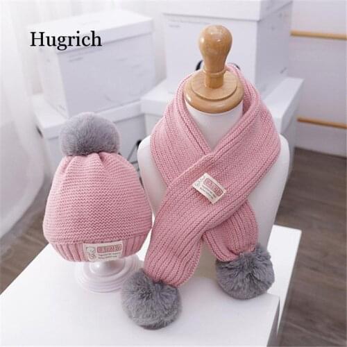 2020 Winter Warm Baby Hat Scarf Set Kids Knit Add Velvet Beanies Hat 2 Piece Set Child Girl Boy Solid Pom Pom Cap Scarves 1-4