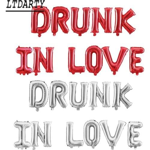 1set 16 inch Red silver Drunk in Love Balloons Banner Foil Letters Balloon Bachelorette Party Wedding Bridal Shower Decorations