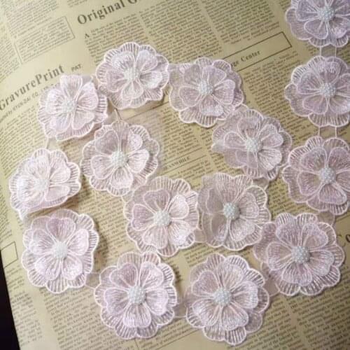 10x Pink Pearl Handmade Beaded Flower Embroidered Lace Trim Ribbon Double Layered Applique Dress DIY Sewing Craft New