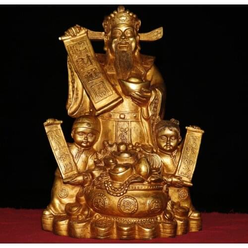 14"Tibet Temple Collection Old Bronze Gilt Real gold God of Wealth arrives God of Wealth Statue Golden boy and girl Enshrine