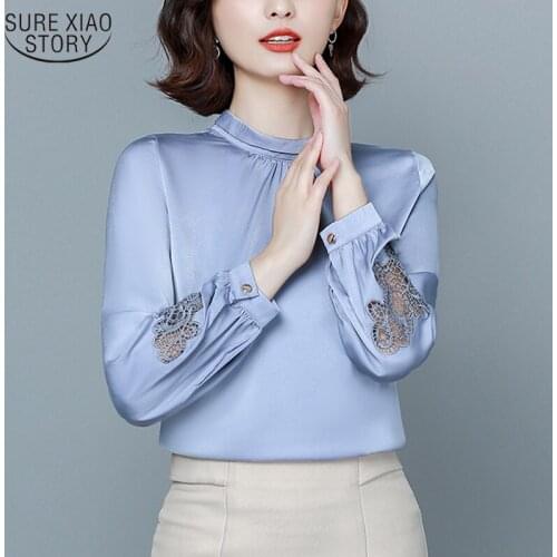 2021 Autumn Lantern Long Sleeve Hollow Blouse Women Office Lady Satin Solid Pullover Shirts Women Elegant Ladies Clothes 11088