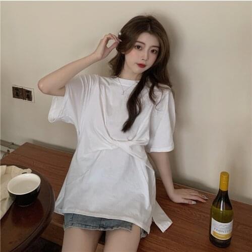 3 Size M-xl Solid Simple Irregular Cutting Fashion Summer Short Sleeve Loose O-neck Basic Women Tops T-shirts