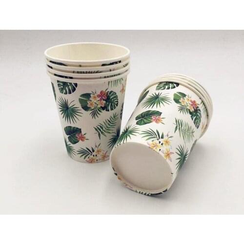 8pc Hawaii Green Leaf Pink Flamingo Disposable Paper Cups