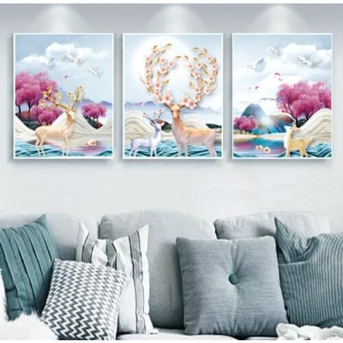 Diamond Embroidery Mosaic Painting Cross Stitch Full Round Drills North European Elk Triptych Painting DIY 5D/3D Decoration Gift