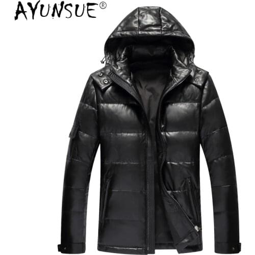 AYUNSUE Men Clothing Mens Winter Down Jacket Real Sheepskin Leather Jackets Hooded Thick Coat 2020 Mens Clothing Jaqueta LXR376