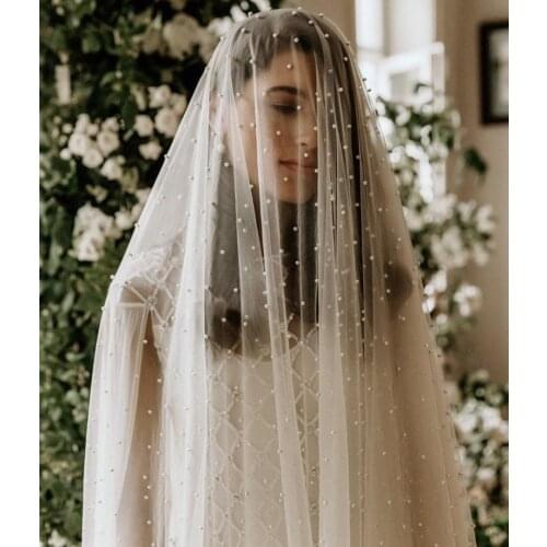 White/Ivory Wedding Bridal Veil With Comb 2-Layer Blusher Cathedral Length Veil With Pearls Velos de Noiva Face-Covered 80+400cm