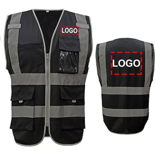 Black Safety Vest Custom Logo Reflective Jacket hi vis Workwear Men Uniform Working Free Shipping