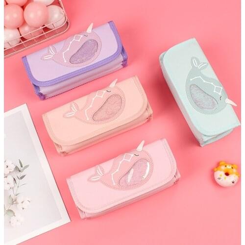 8 Inch Canvas Pu Pen Holder , Ins Hot Quicksand Whale Pencil Box , Pencil Case , Large-capacity Stationery , Brush Storage Box