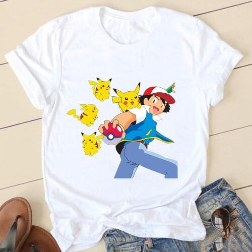 Pikachu T-shirt Pokemon Anime Tops Kawaii Women Tshirt Print Casual Short Sleeved O-neck Cartoons Tees Femme Parent-child Outfit