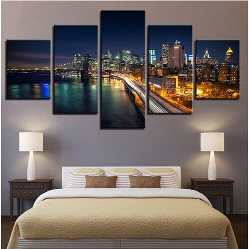 Canvas HD Prints Posters Home Decor Framework 5 Pieces Brooklyn Bridge City Building Night View Paintings Living Room Wall Art