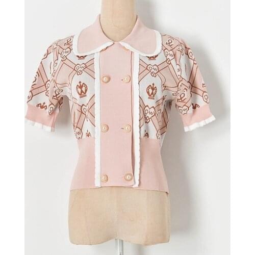 New Design Summer Knitted Cardigan T-Shirt Double-Breasted Doll Collar Short Sleeve Gentle Elegant Women Fashion Tops Clothes