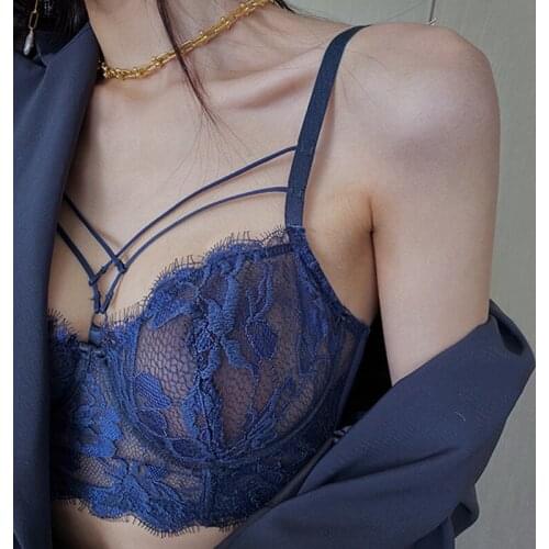 Deep V Sexy Bandage Transparent Women Bra And Panties Set Lingerie Plus Size Push Up Ultra Thin Embroidery Lace Underwear Blue