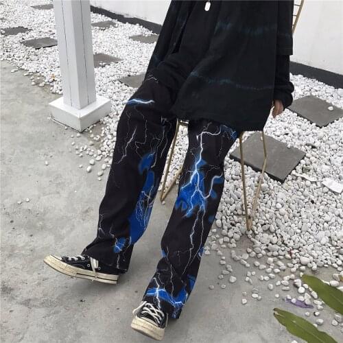 Fashion Y2k Womens Pants Harajuku Retro Lightning Print Streetwear Wide Leg Trousers Aesthetic Punk Style For Female Long Pants