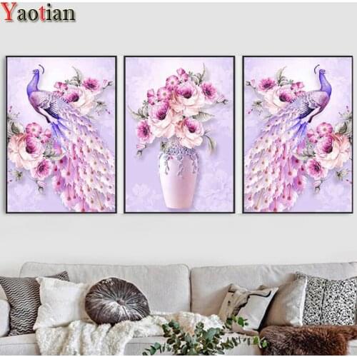 5D DIY Full Diamond Embroidery Triptych Pink peacocks flower Wall Art Diamond Painting Cross Stitch Rhinestone Home Decoration