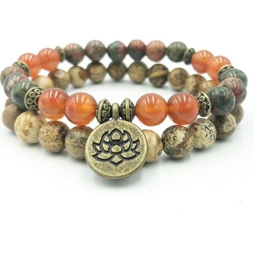 Set Of 2 Bracelets Lotus Flower Medetation Wrists Picture J-asper Bracelet Mala Healing Stone Energy Bracelet Set Women Men