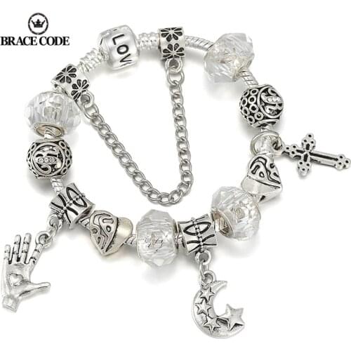 New Style Antique Silver-plated Ladies Bracelet DIY Palm Star Moon Cross Pendant Silver Color Fine Bracelet Women Jewelry