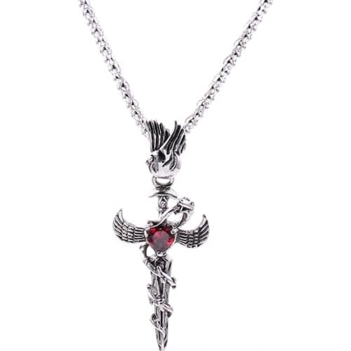 Punk Rock Men Red Peach Heart Wing Cross Pendant Necklace Chain Silver Plated Retro Vintage Snake Shape Jewelry HOT Gift