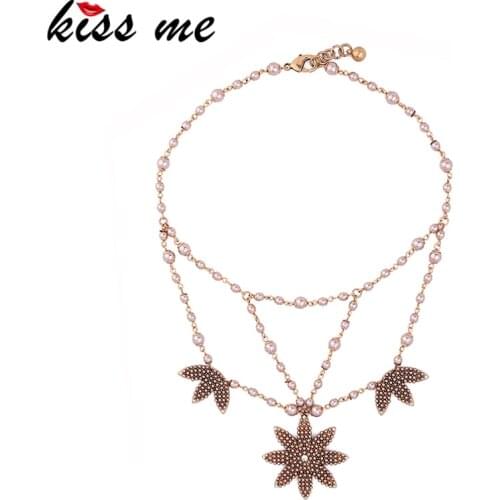 KISS ME Classic & Fashion Simulated Pearls Chain Flowers Necklace Multi Layer Choker Necklace Women Jewelry
