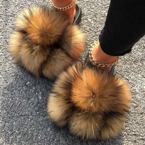Pom Pom Fur Slides Real Fox Raccoon Fur Ball Slippers Flat Heel Summer Sandals Women House Plush Flip Flop Slippers Female Shoes
