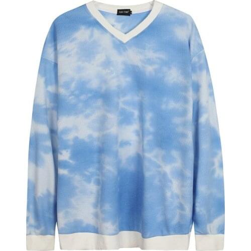 KIOVNO Men Tie Dye Printed Sweatshirts Hip Hop Cotton V Neck Pullover Hoodies For Male Streetwear