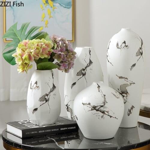 Simple White Ink Painting Ceramic Vase Home Flower Arrangement Artificial Flower Decoration Countertop Green Plant Vase Decor