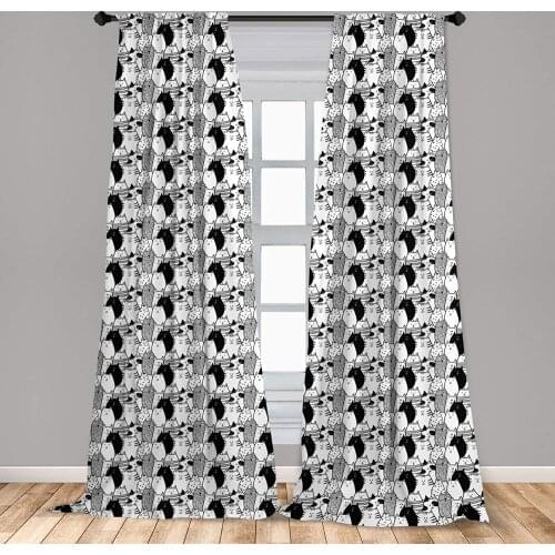 Cat Curtain for Kids Rooms Monochrome with Hand Drawn Style Animal Characters Different Mascots Lightweight Window Drapes