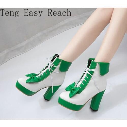 2021 Green Yellow Block High Heels Ankle Boots Women Shoes Sweet Lolita Cosplay Platform Ladies Boots Woman Big Size 47 48