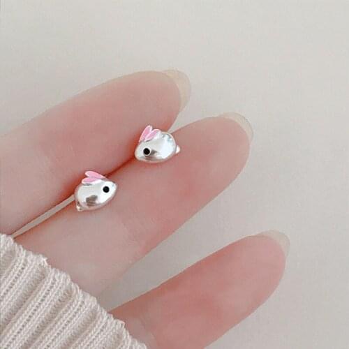 KOFSAC Cute 925 Sterling Silver Stud Earrings Girl Fashion Party Jewelry Sweet Little White Rabbit With Pink Ears Women Gifts