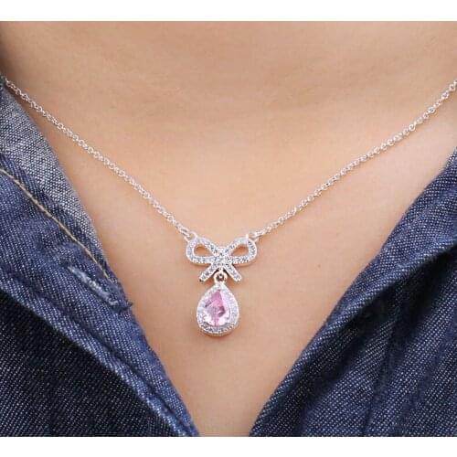 925 sterling silver jewelry with bohemian pink crystal bow necklace tide clavicle chain for women birthday party wholesale