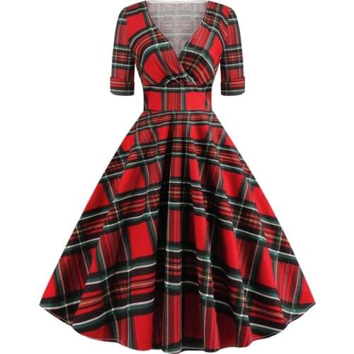 Red Plaid Wrap Tartan Vintage Autumn Dress 2019 Half Sleeve Sexy V Neck Women Clothes Elegant Cotton Party Rockabilly Dresses