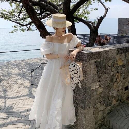 2021 Summer Women Ruffles Puff Sleeve High Waist Slim A Line Dresses New Arrival Square Collar Jacquard White Female