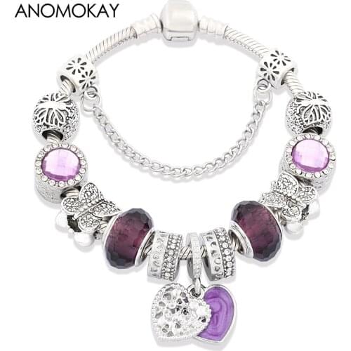 Anomokay Vogue Purple Enamel Heart Pendant Charm Bracelet Silver Color Butterlfy DIY Bead Bracelets for Women Girl Fashion Gift