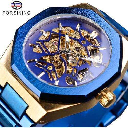 Forsining Mechanical Mens Watches Fashion Automatic Male Clock Blue Stainless Steel Waterproof Business Skeleton Erkek Kol Saati