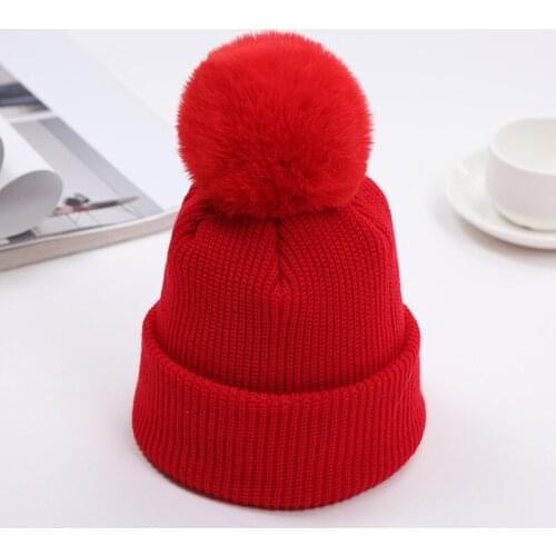 Children Winter Warm Beanies Hat Faux Fur Pom Poms Ball Pompon Knitted Ski Caps Hat Thick Beanie Bonnet for Baby Kids Toddler