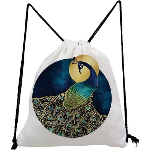 Ukiyoe Drawstring Bags Peacock Child Backpack Shoe Bag To School Eco Reusable Storage Bag Soft Back Bag Fashion Unisex Bookbag