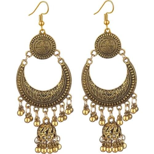 Ethnic Round Jhumka Earrings Women Vintage Ladies Earrings Carved Turkish Silver Color Tassel Indian Turkey Jewelry Bijoux